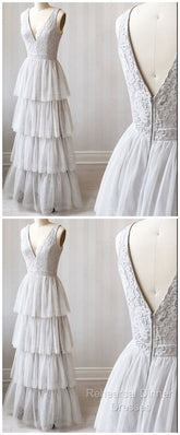 A Line V Neck Gray Lace Semi Formal Prom Dresses, V Neck Gray Lace Formal Graduation Bridesmaid Dresses